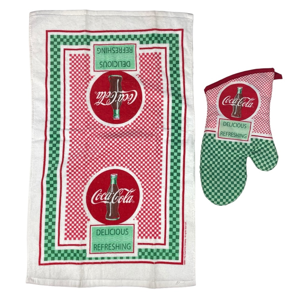 COCA COLA Matching Kitchen Towel (15" x 25") and Oven Mitt Delicious Refreshing